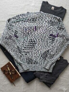 Vintage 80s 90s FLUID Grey Purple Green Geometric Bubble Knit Sweater